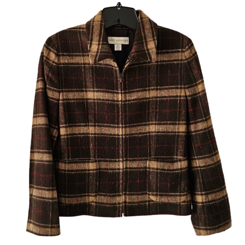 Petite Sophisticate Plaid Lined Wool Zip Jacket | Like New | 2P | Brown Tan Red